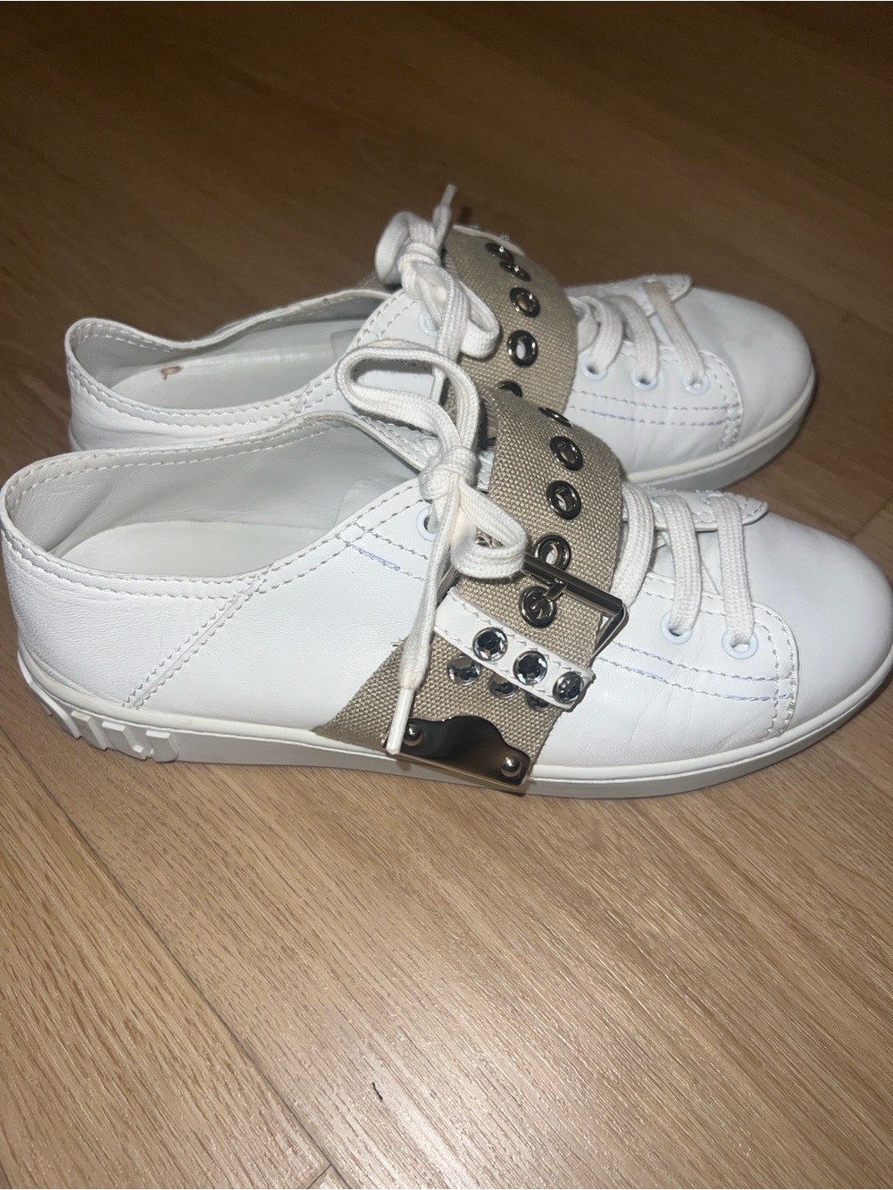 Miu Miu White Leather Sneakers with Beige Studded Strap